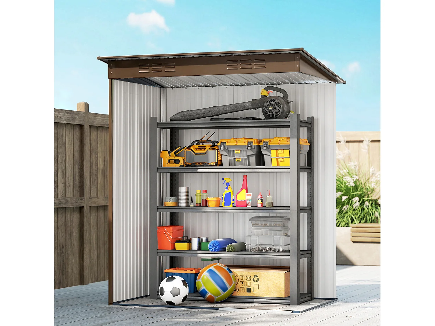 Casetta da giardino con porta scorrevole in metallo marrone