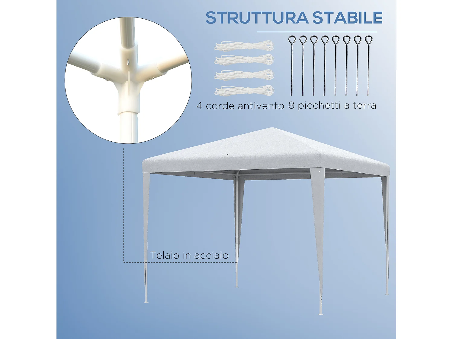 Gazebo da giardino e per interno 2.7x2.7m in acciaio bianco