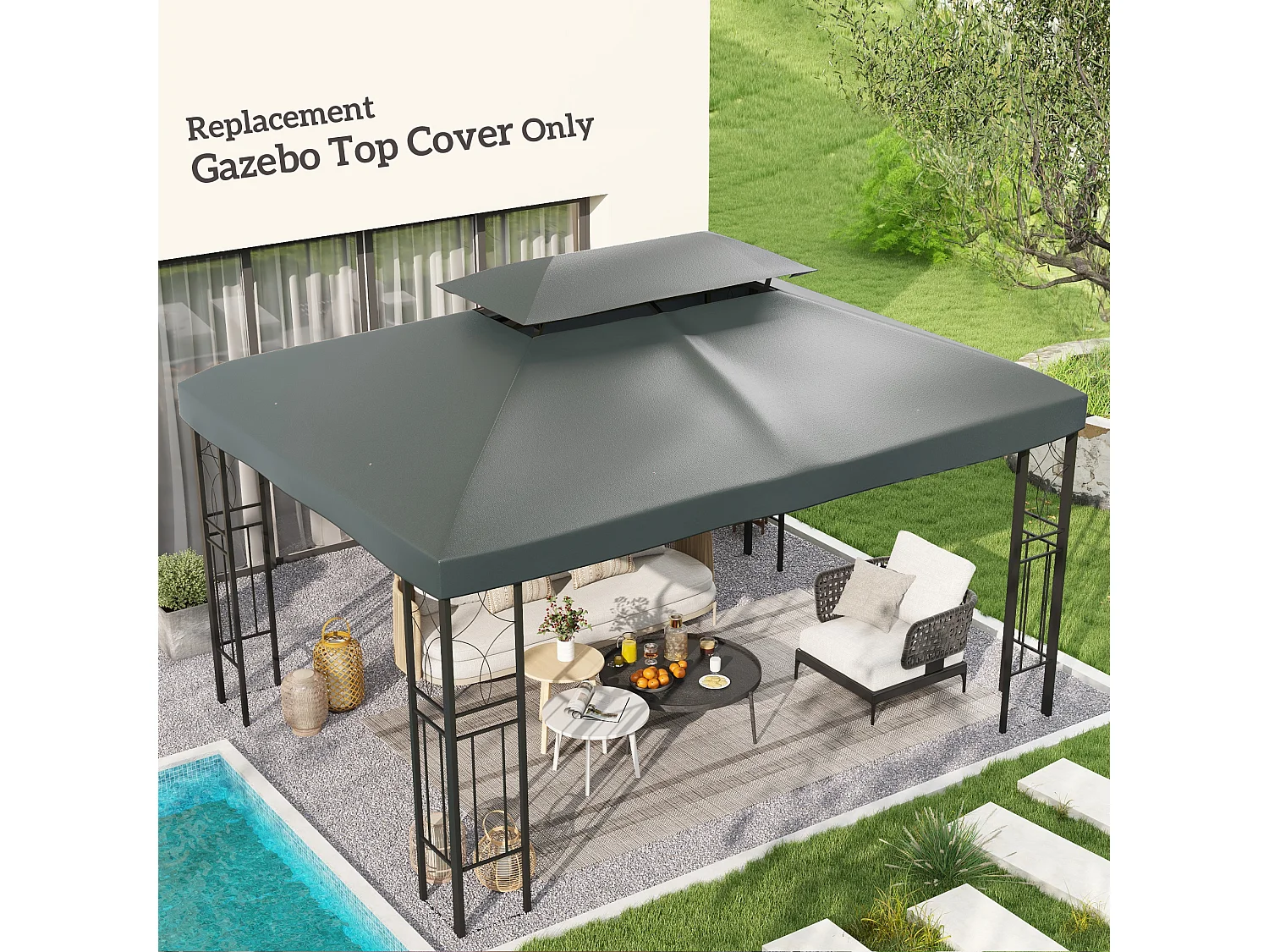 Copertura per gazebo 4x3 a 2 livelli anti uv con cinghie grigio scuro