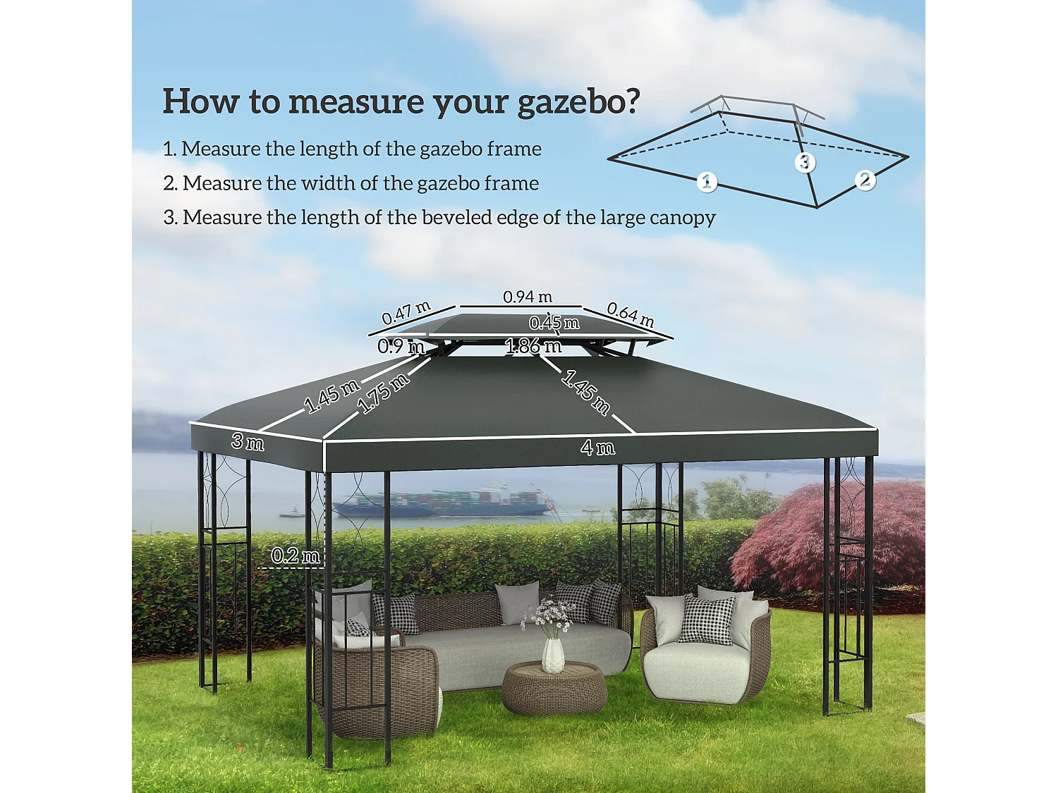 Copertura per gazebo 4x3 a 2 livelli anti uv con cinghie grigio scuro