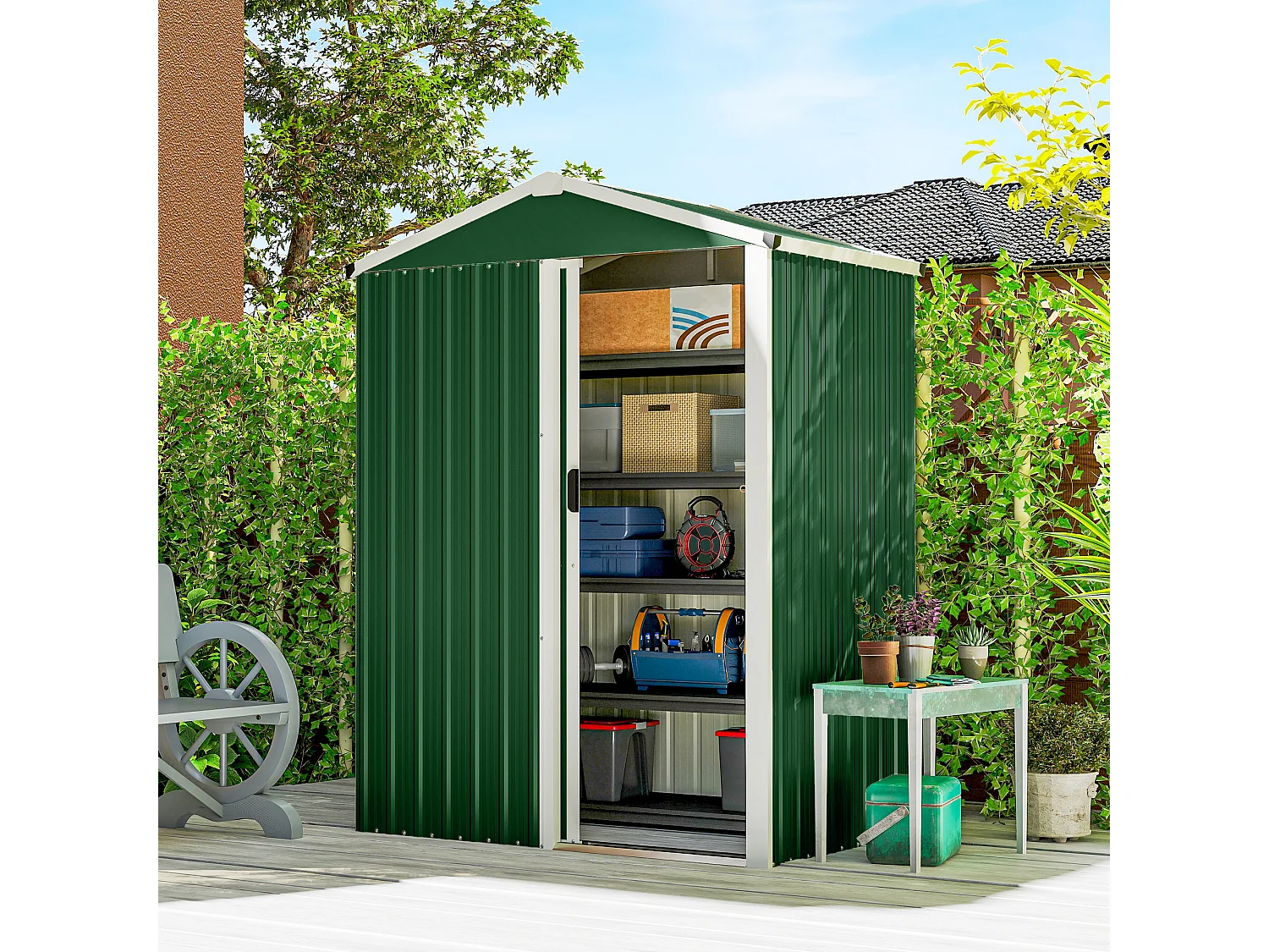 Casetta da giardino con porta scorrevole in acciaio verde