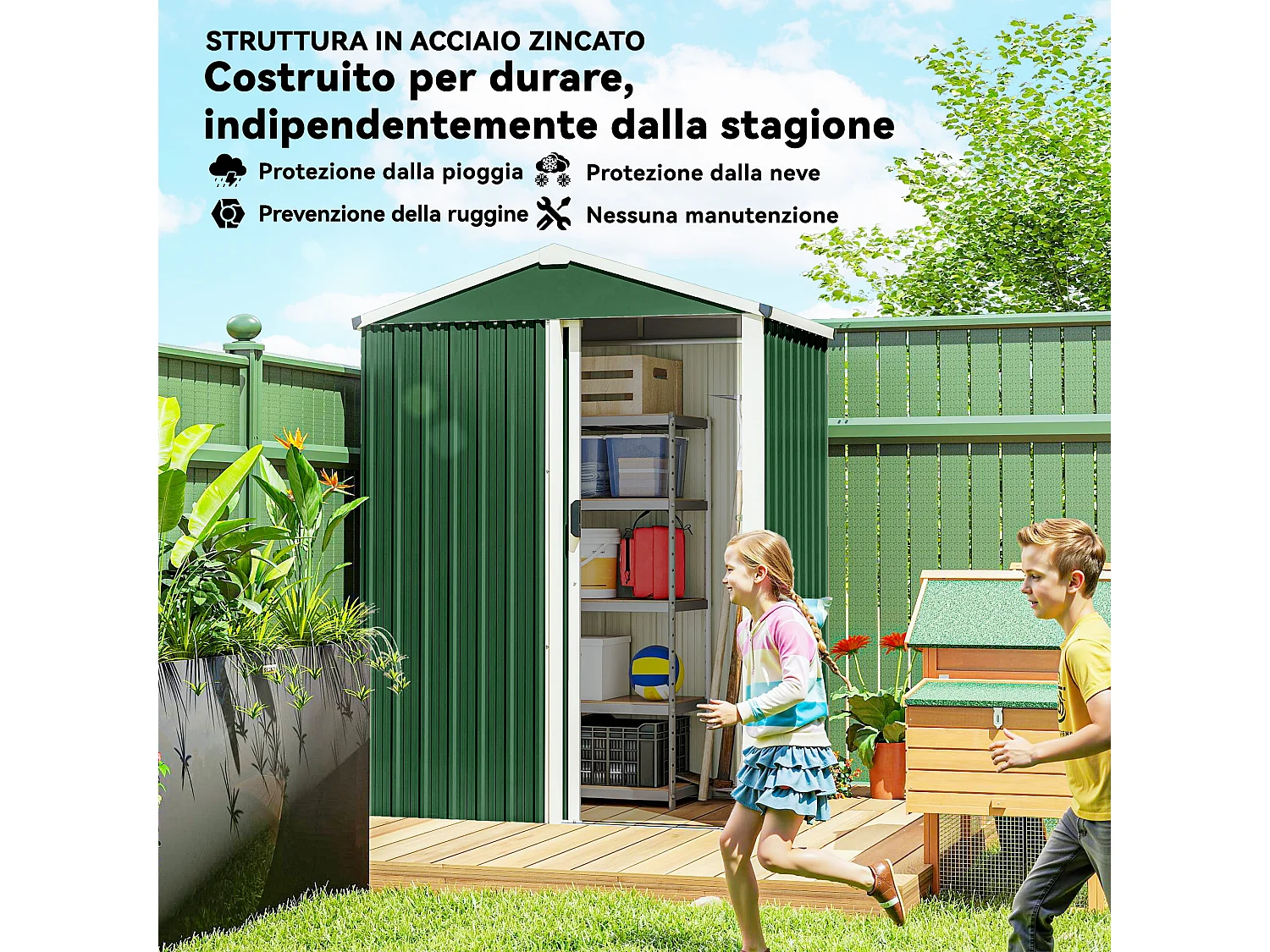 Casetta da giardino con porta scorrevole in acciaio verde