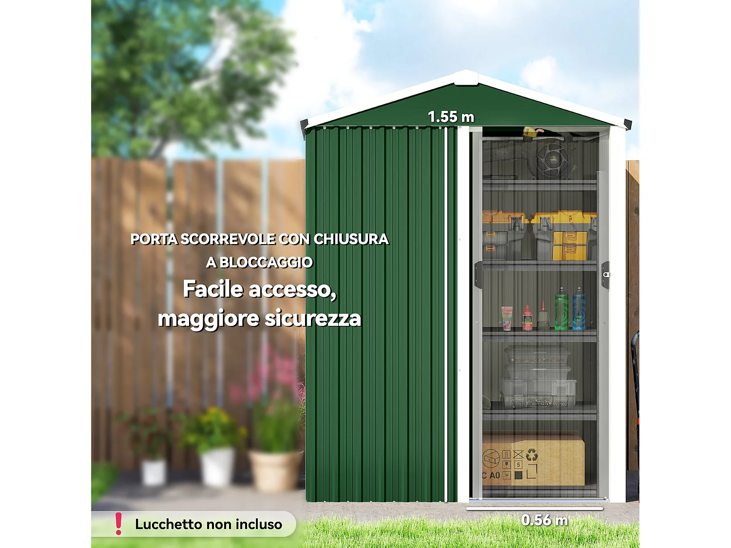 Casetta da giardino con porta scorrevole in acciaio verde