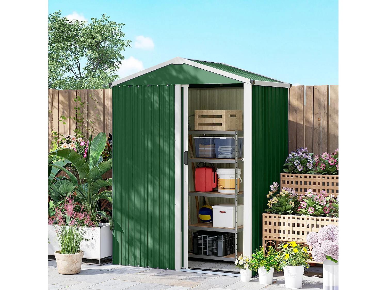 Casetta da giardino con porta scorrevole in acciaio verde