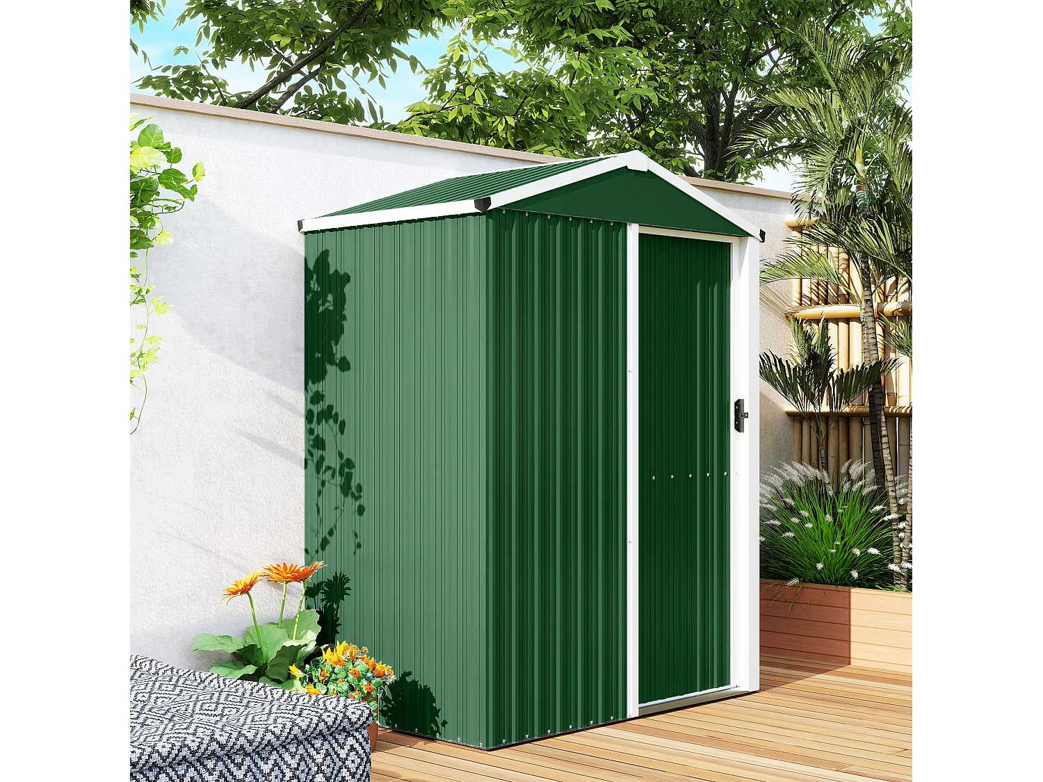 Casetta da giardino con porta scorrevole in acciaio verde