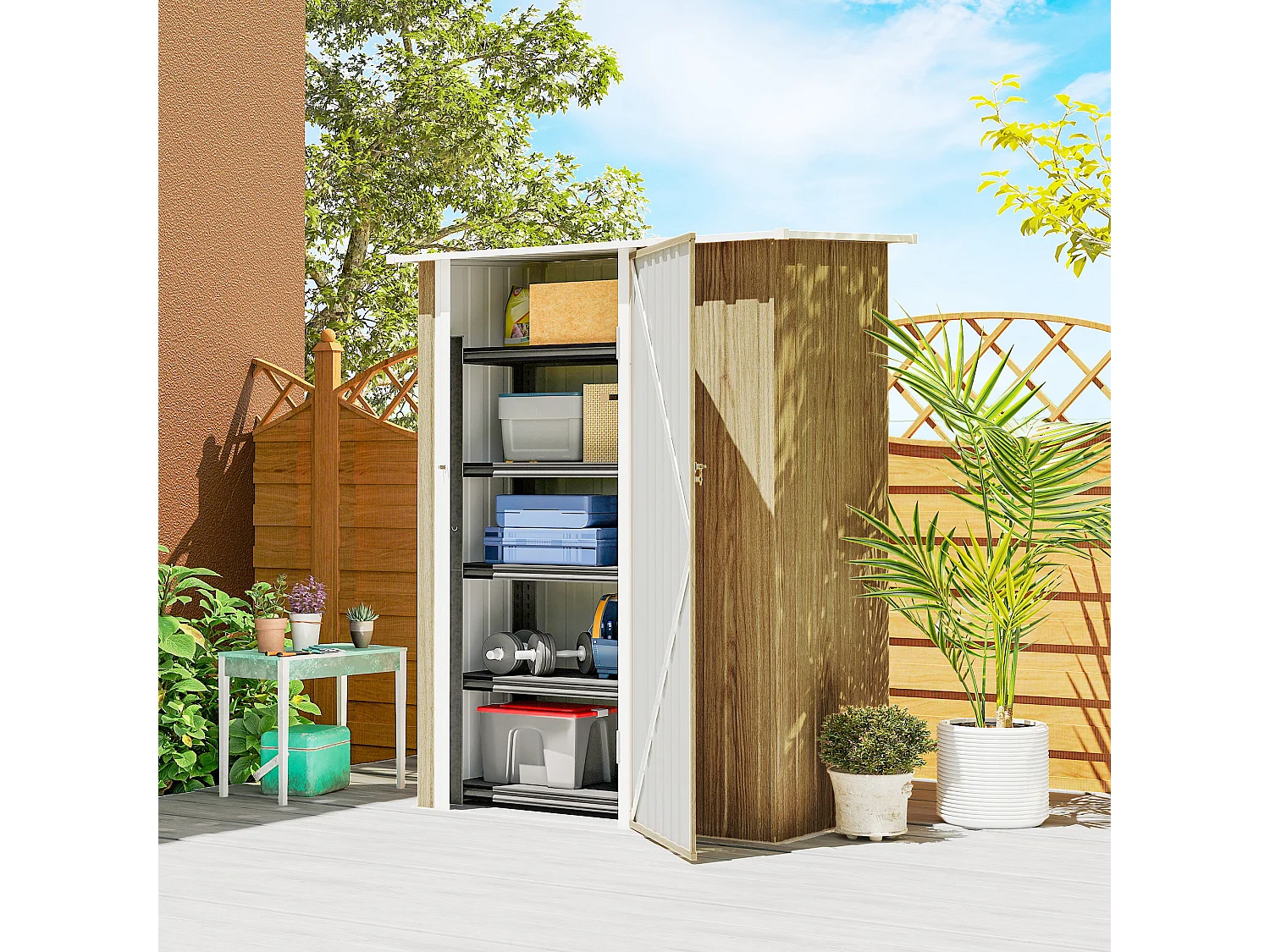 Capanno attrezzi in metallo con tetto inclinato color legno