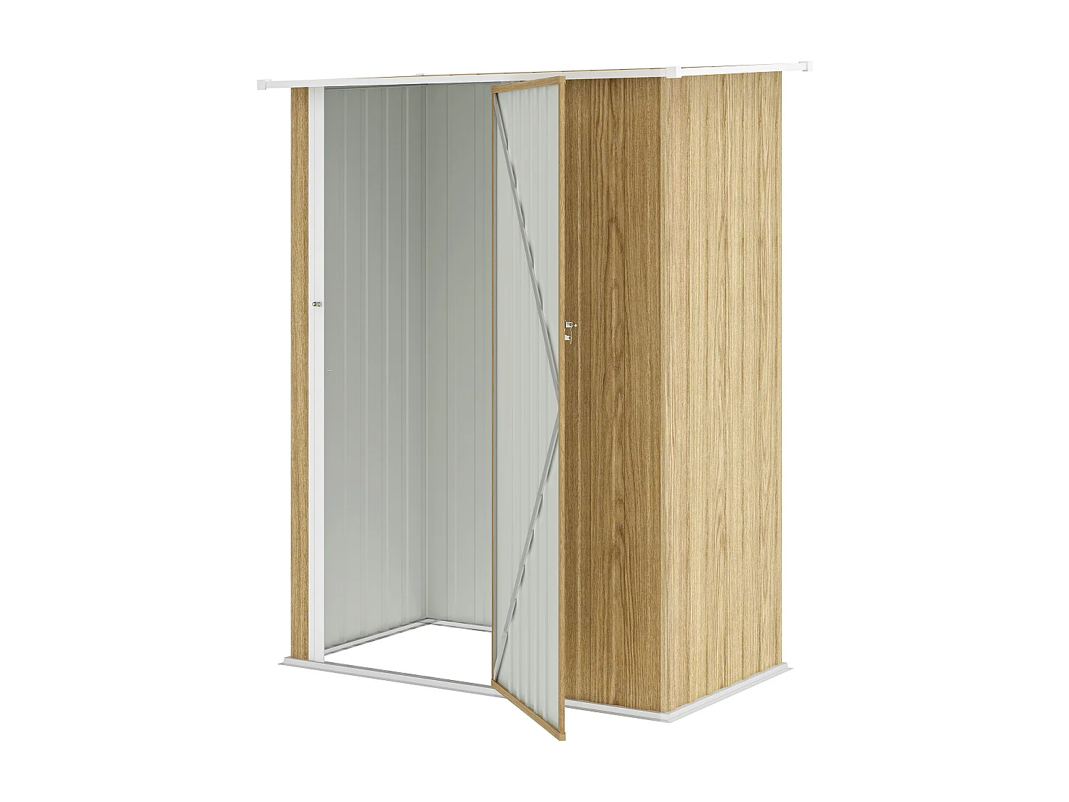 Capanno attrezzi in metallo con tetto inclinato color legno