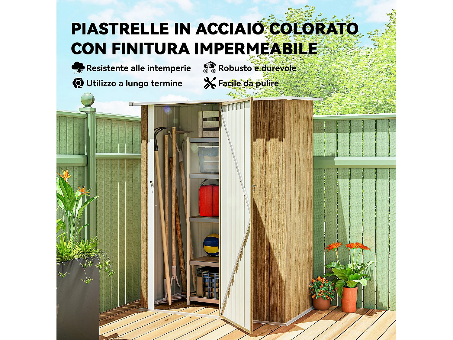 Capanno attrezzi in metallo con tetto inclinato color legno