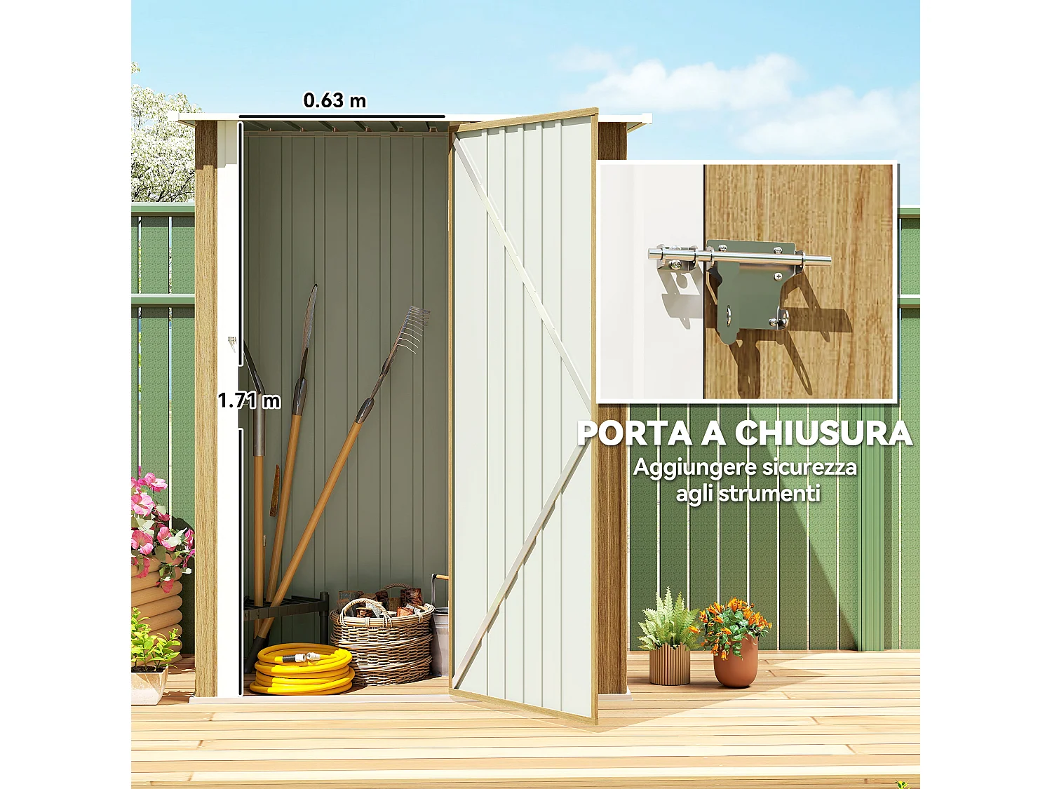 Capanno attrezzi in metallo con tetto inclinato color legno