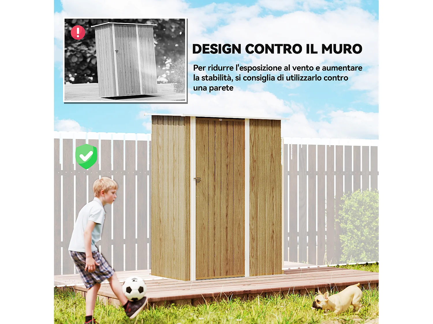 Capanno attrezzi in metallo con tetto inclinato color legno