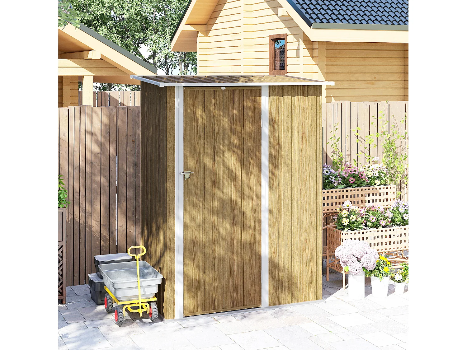 Capanno attrezzi in metallo con tetto inclinato color legno