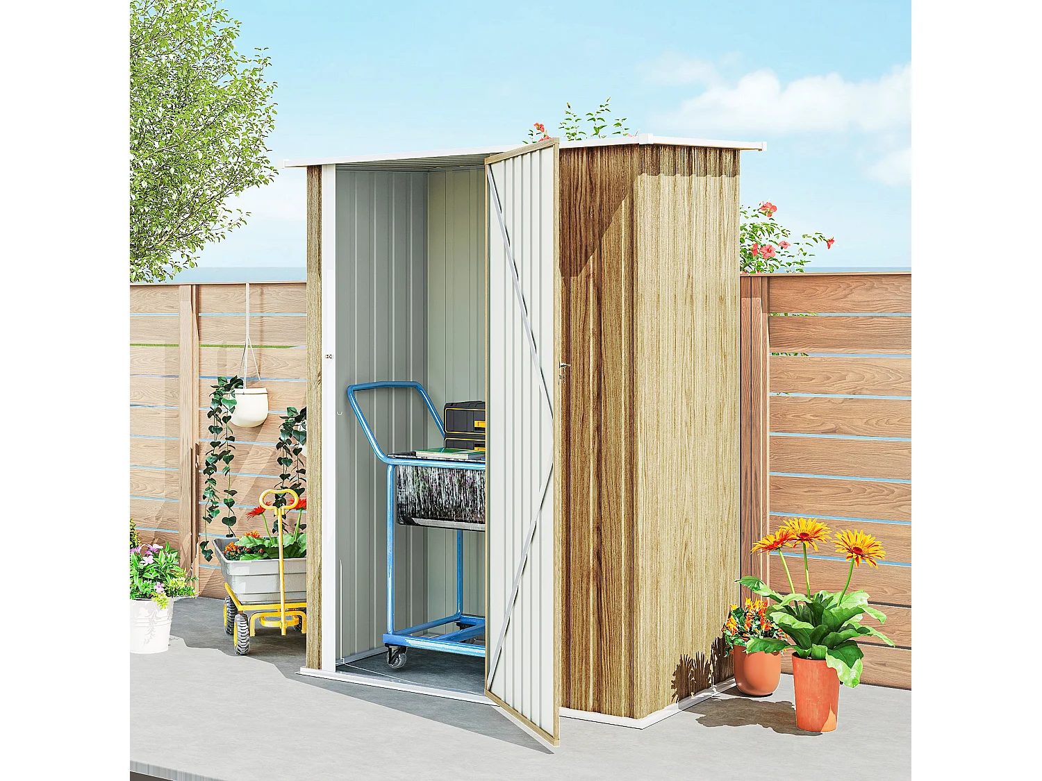 Capanno attrezzi in metallo con tetto inclinato color legno