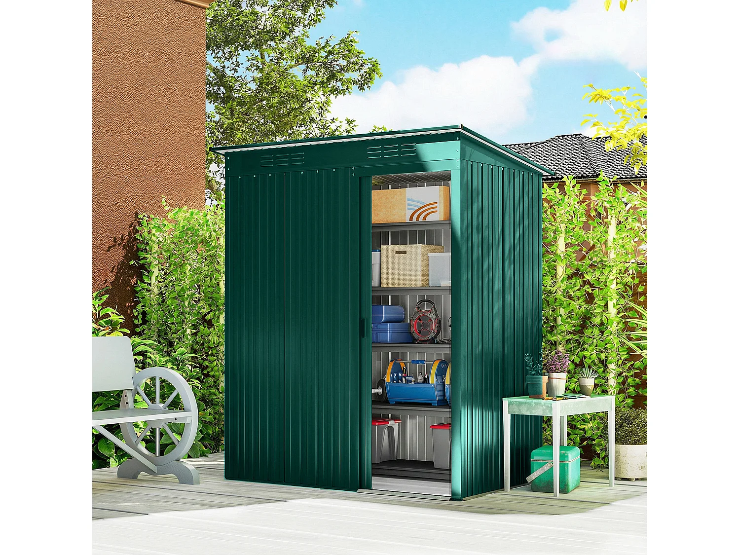 Casetta da giardino con porta scorrevole in metallo verde
