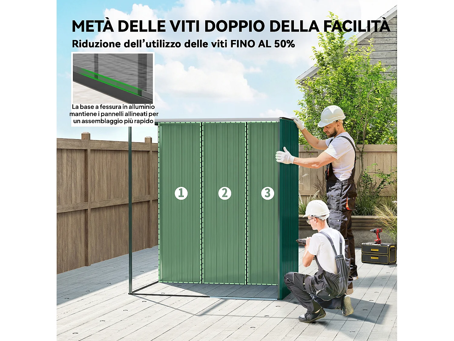 Casetta da giardino con porta scorrevole in metallo verde