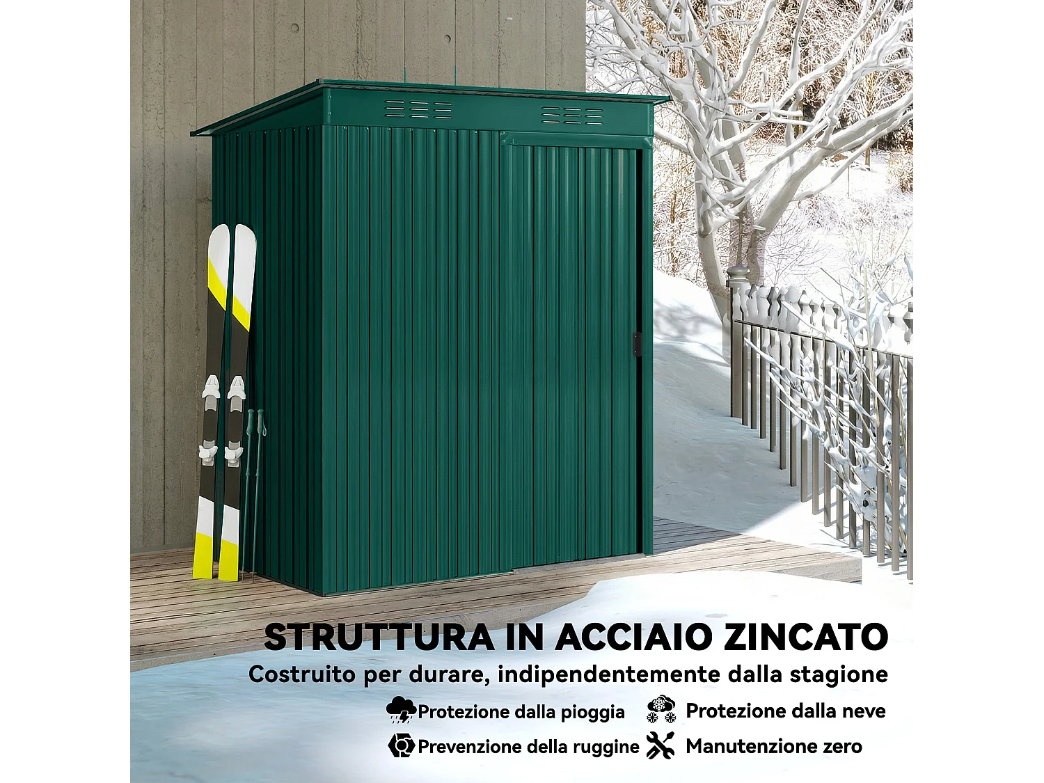 Casetta da giardino con porta scorrevole in metallo verde