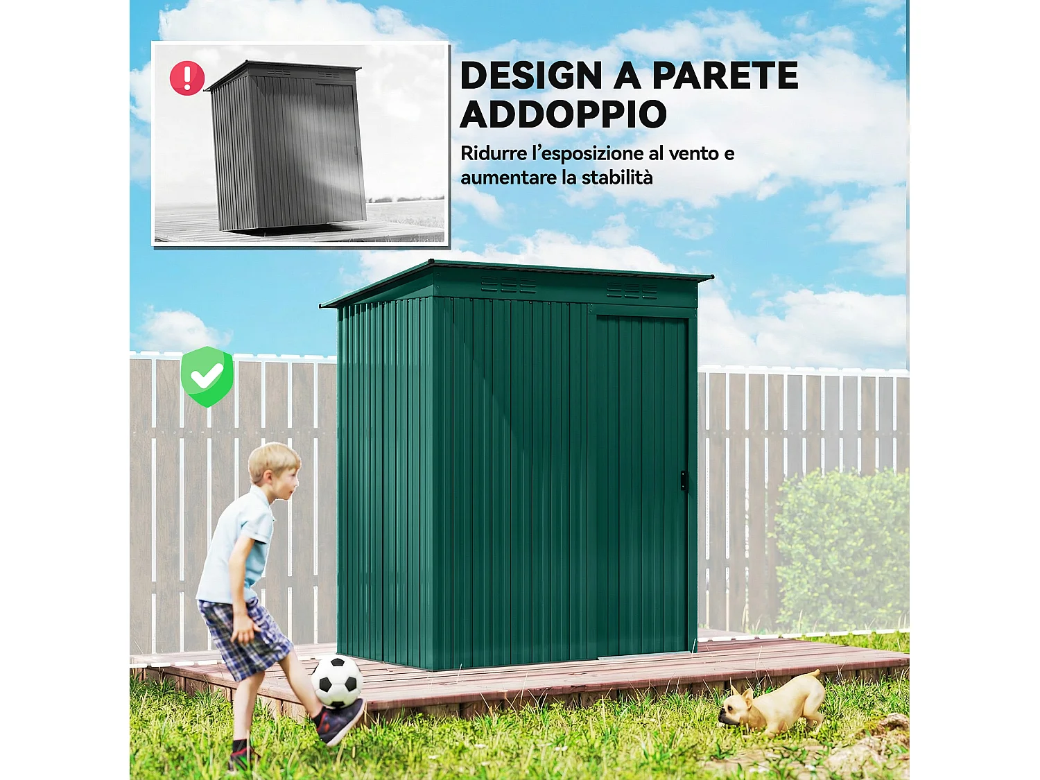 Casetta da giardino con porta scorrevole in metallo verde