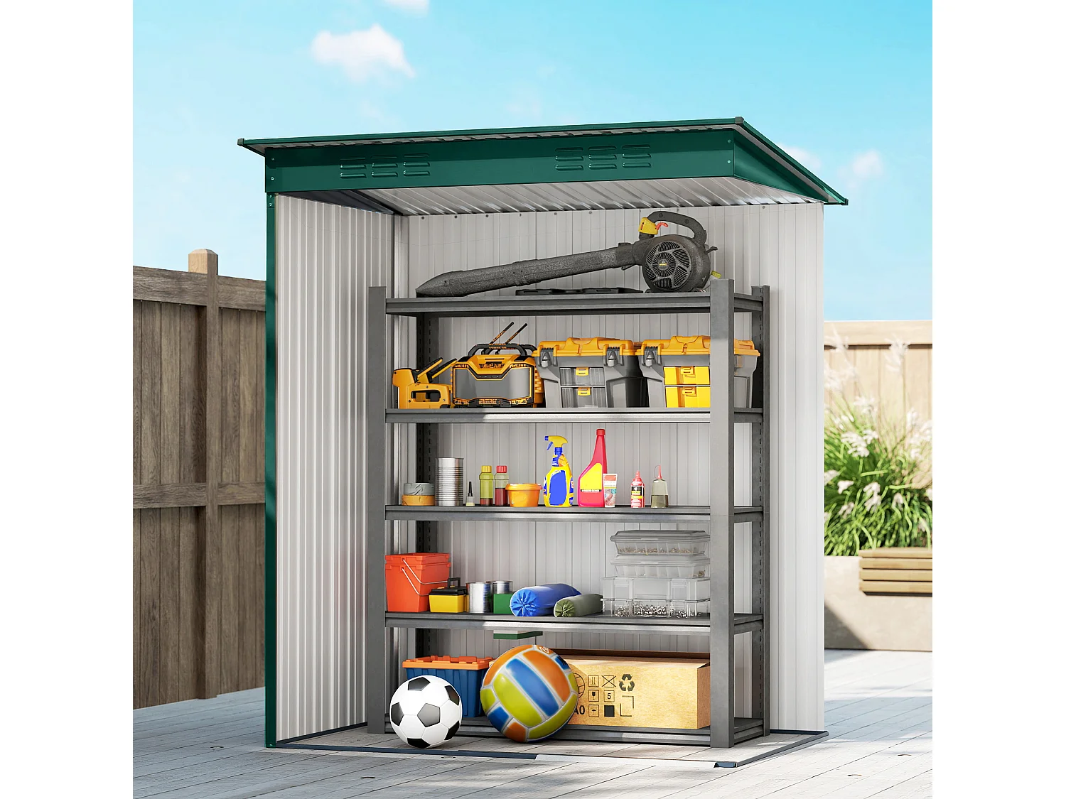 Casetta da giardino con porta scorrevole in metallo verde