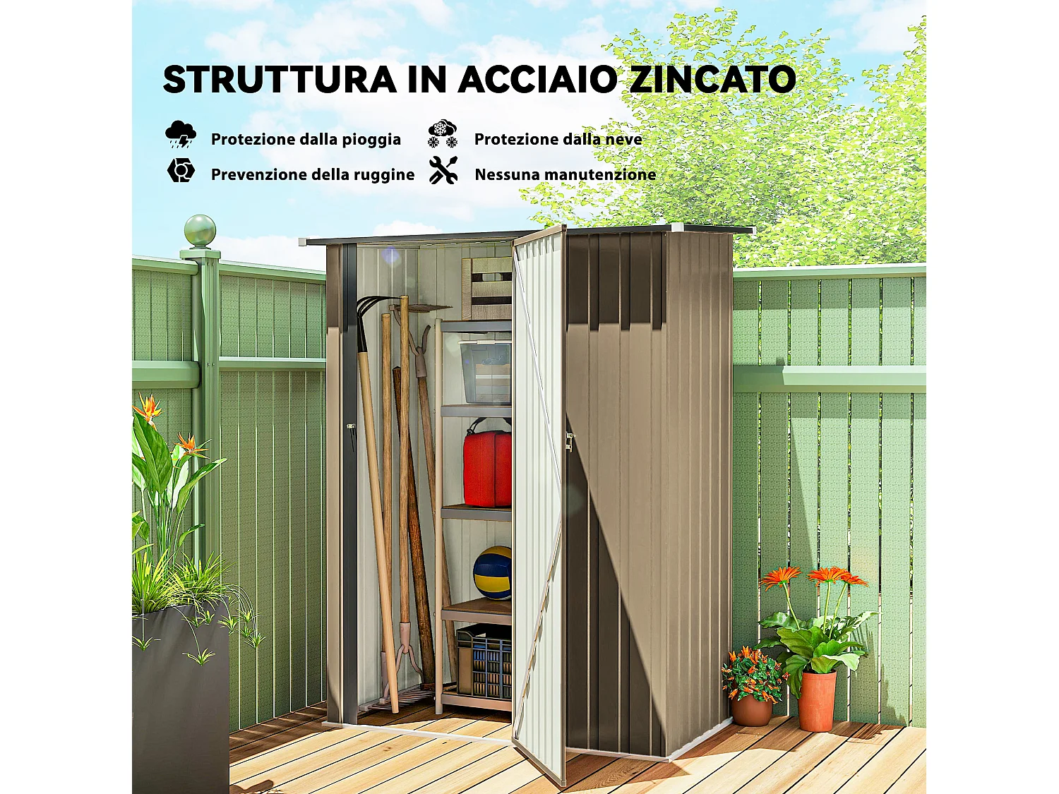 Capanno attrezzi in metallo con tetto inclinato marrone