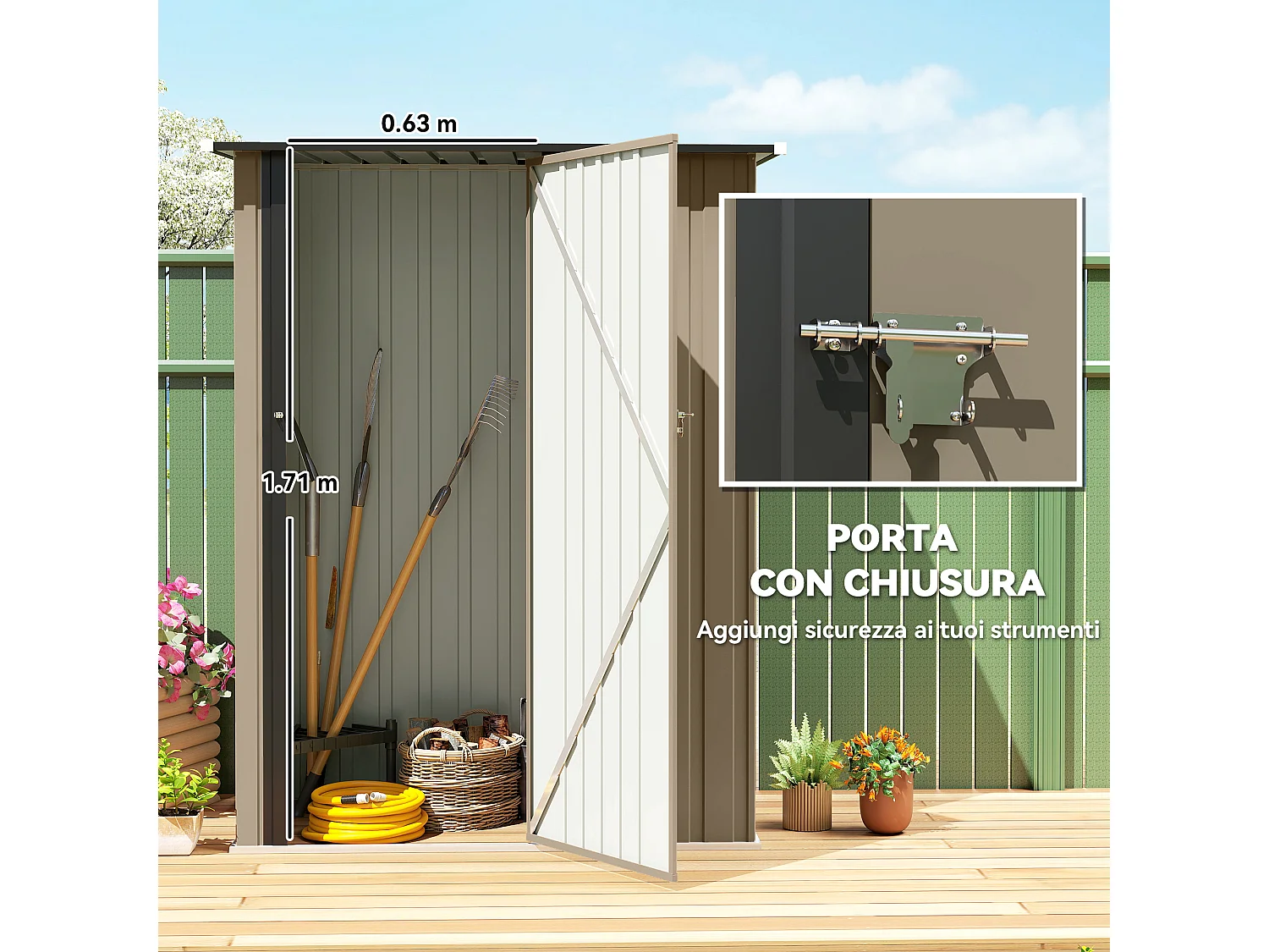 Capanno attrezzi in metallo con tetto inclinato marrone