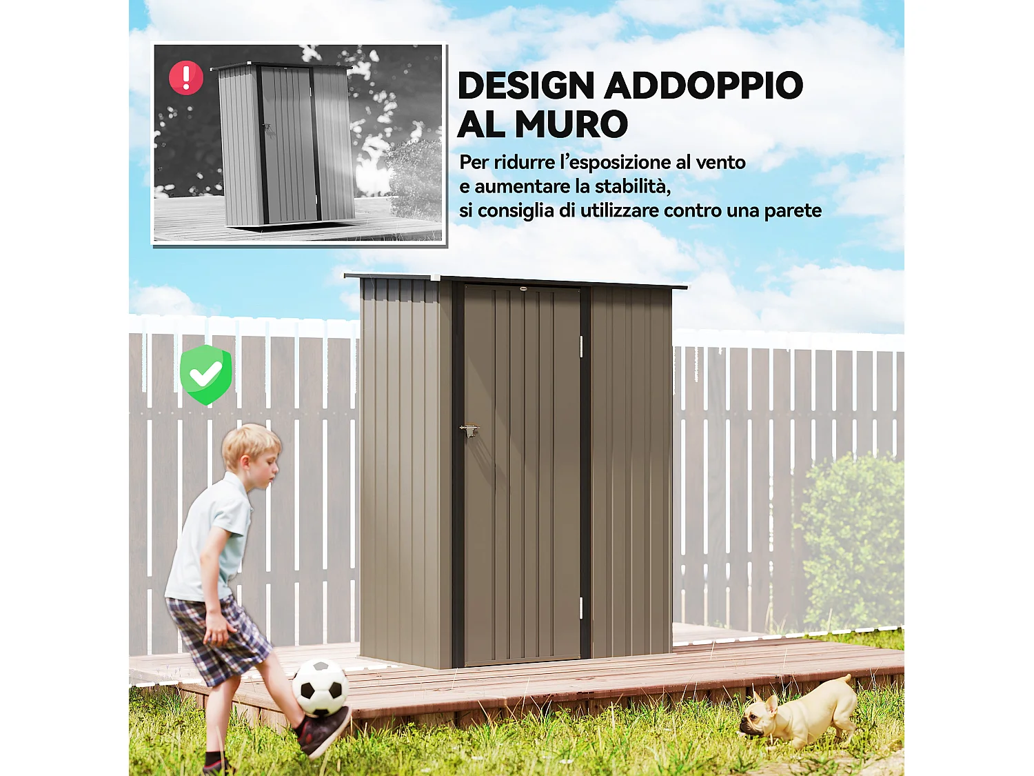 Capanno attrezzi in metallo con tetto inclinato marrone