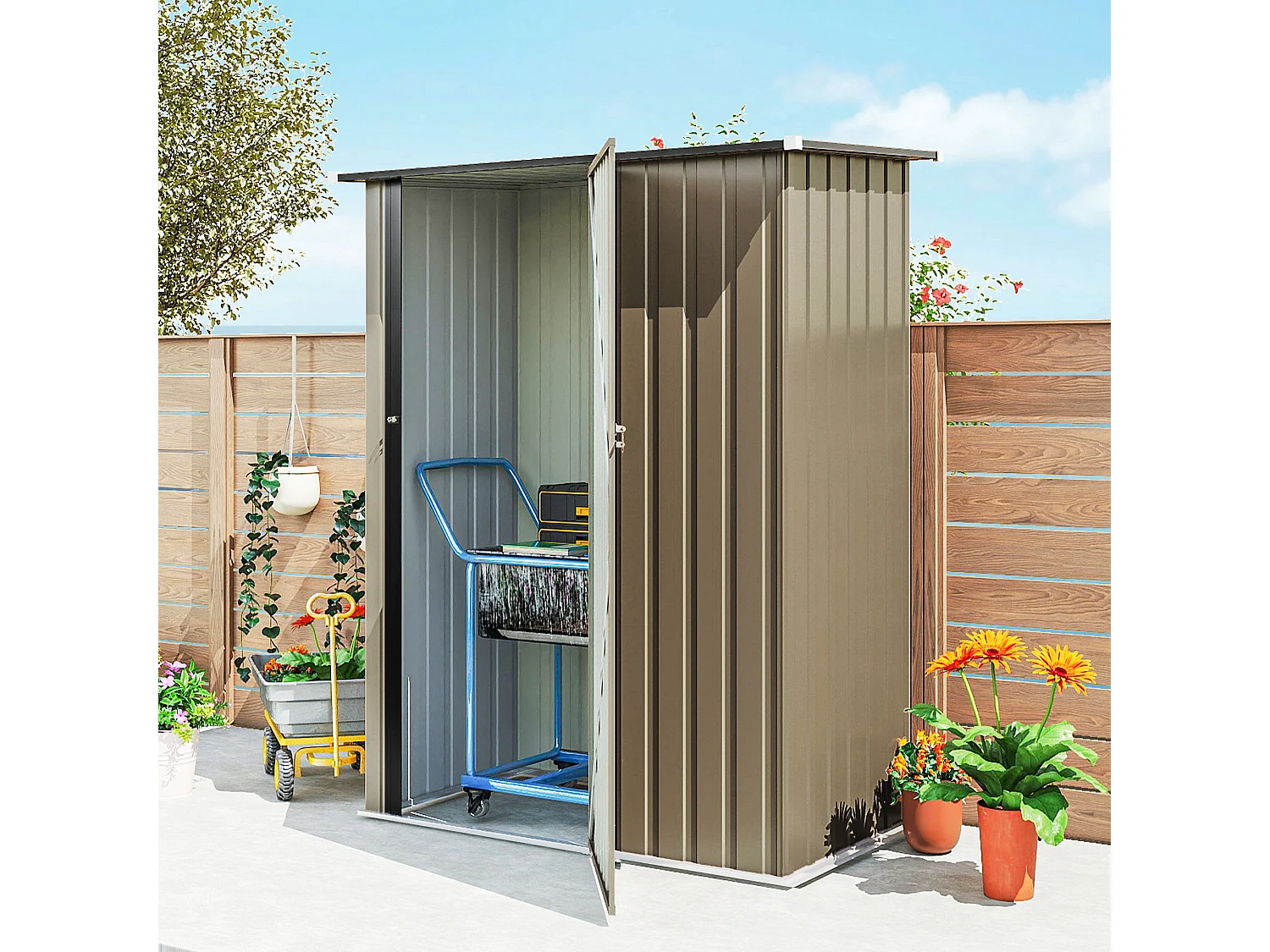 Capanno attrezzi in metallo con tetto inclinato marrone