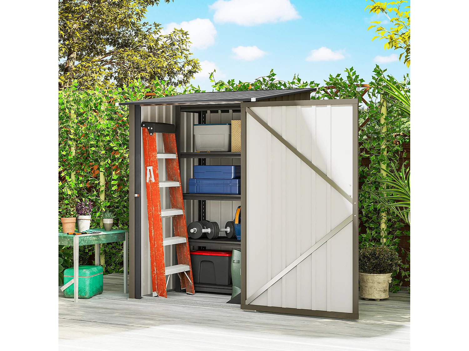 Casetta da giardino in acciaio 100x104x160 cm marrone e grigio scuro