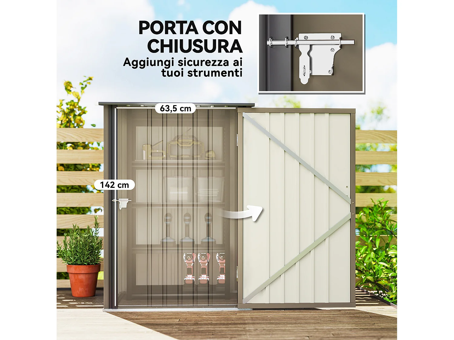 Casetta da giardino in acciaio 100x104x160 cm marrone e grigio scuro