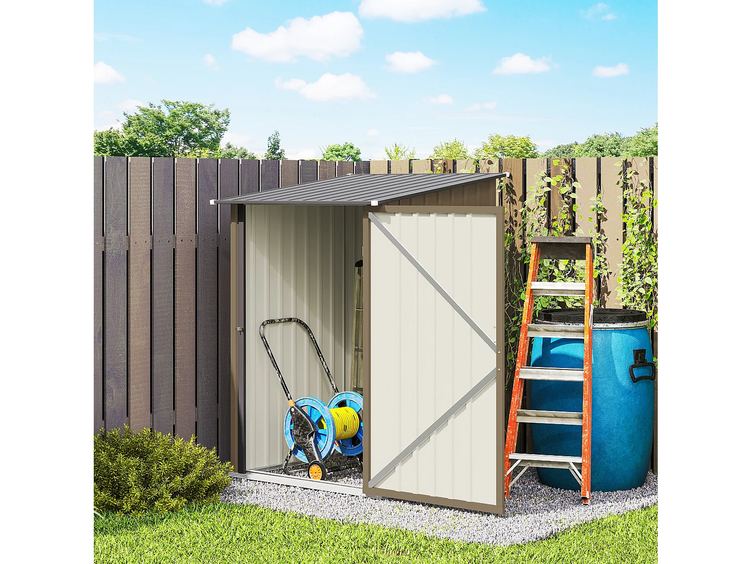 Casetta da giardino in acciaio 100x104x160 cm marrone e grigio scuro