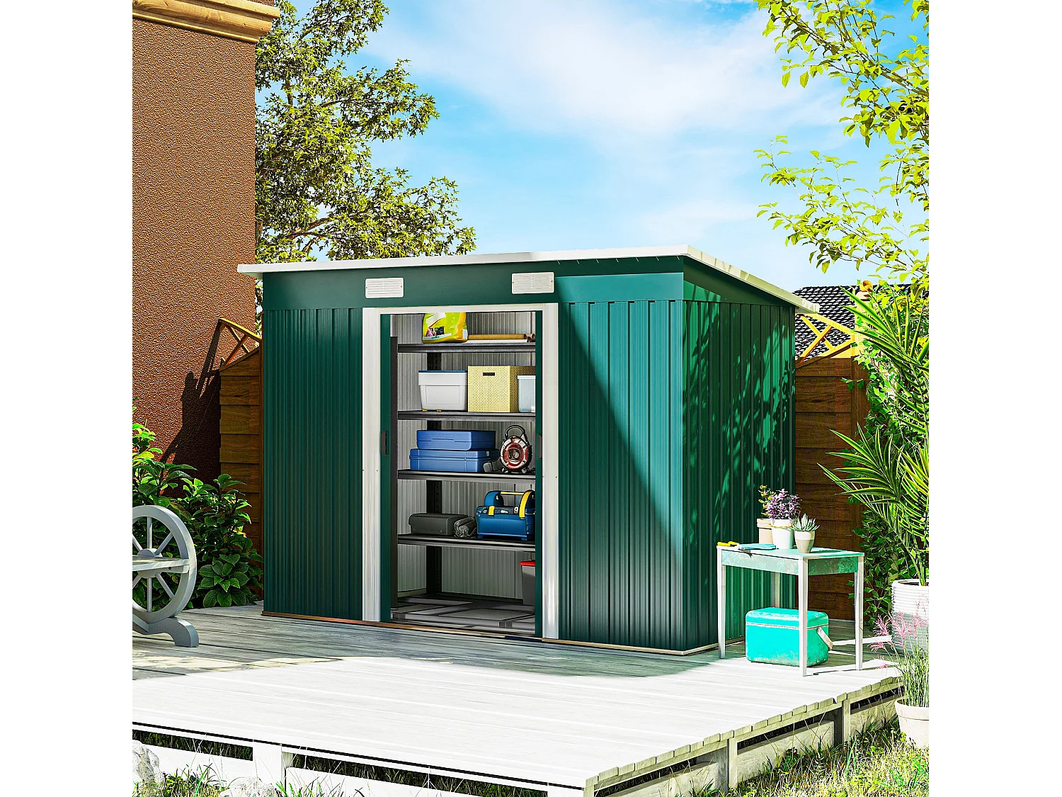 Casetta da giardino con porte scorrevoli in acciaio verde