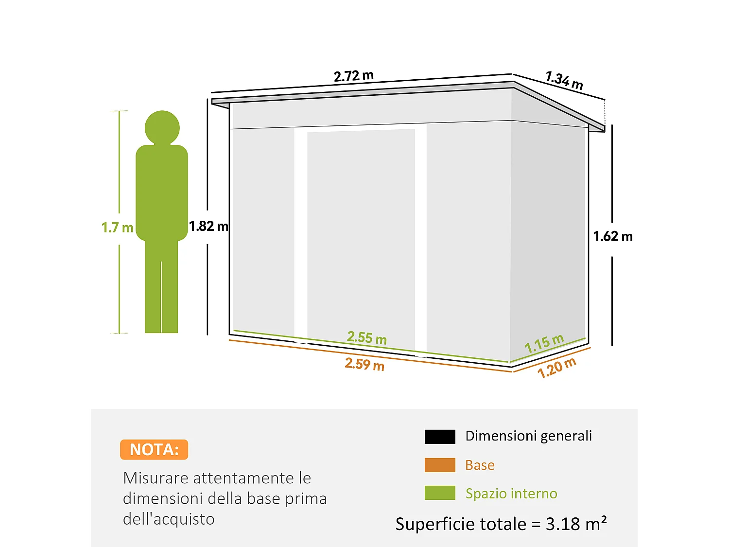 Casetta da giardino con porte scorrevoli in acciaio verde