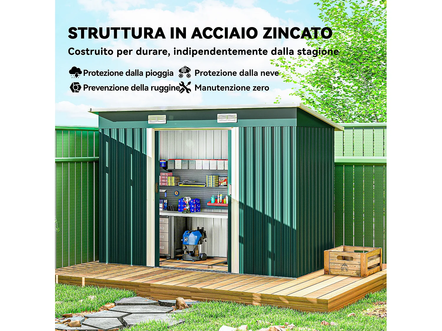 Casetta da giardino con porte scorrevoli in acciaio verde