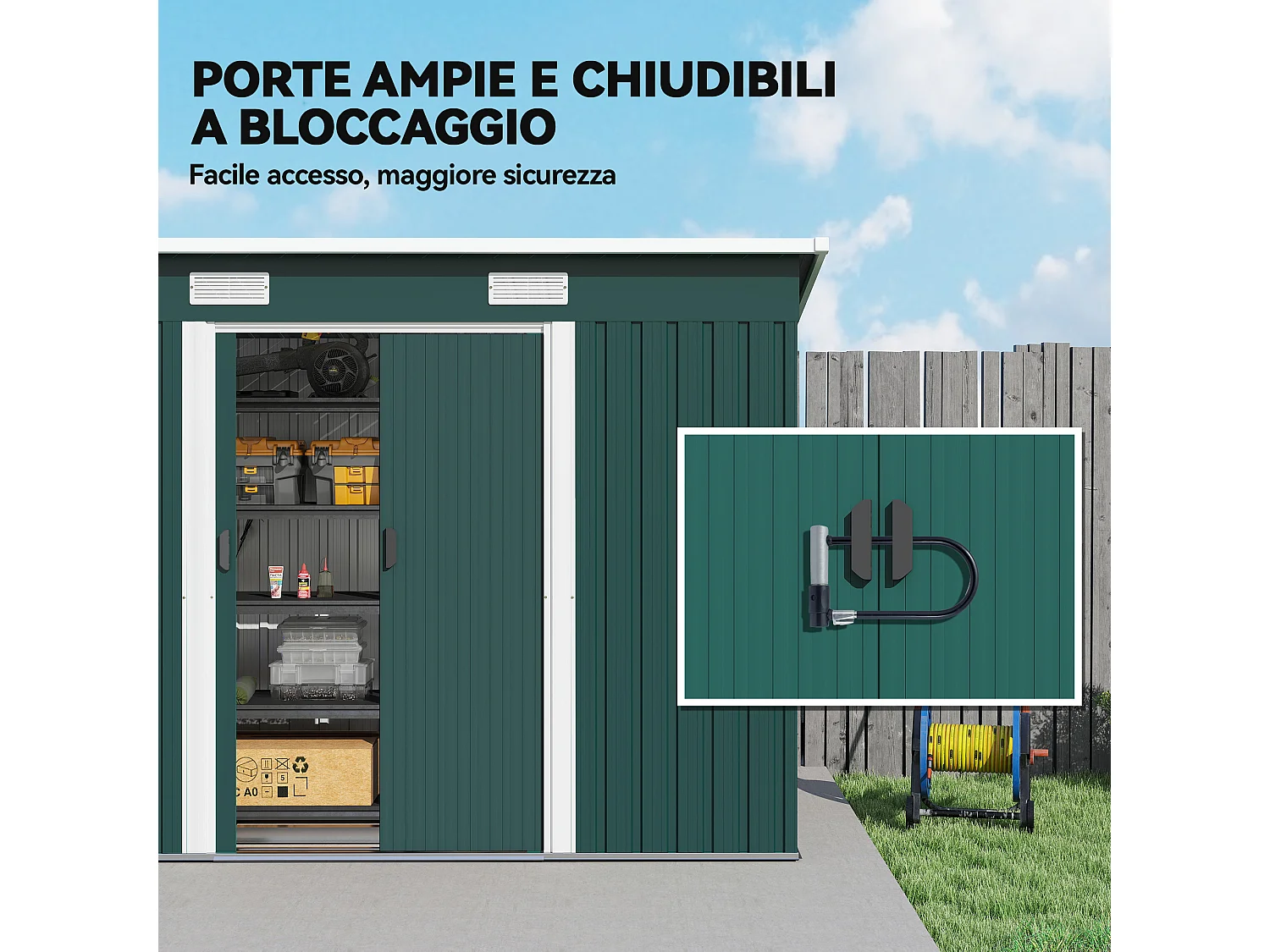 Casetta da giardino con porte scorrevoli in acciaio verde