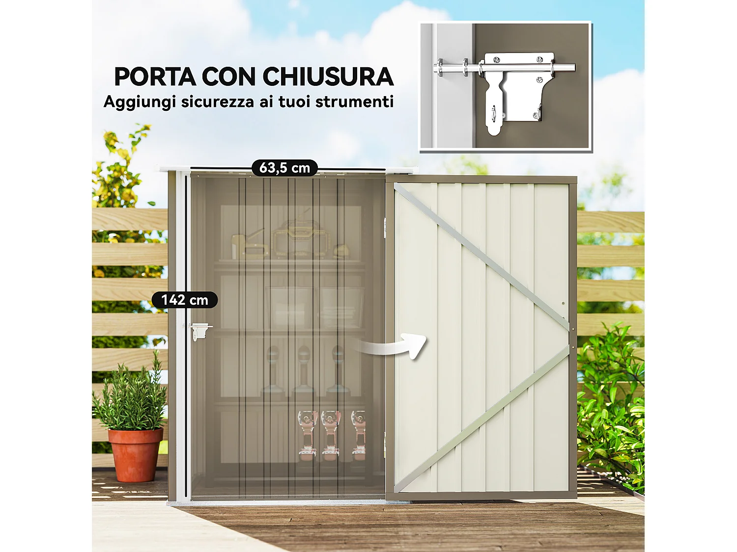 Casetta da giardino in acciaio 100x104x160 cm marrone e bianco