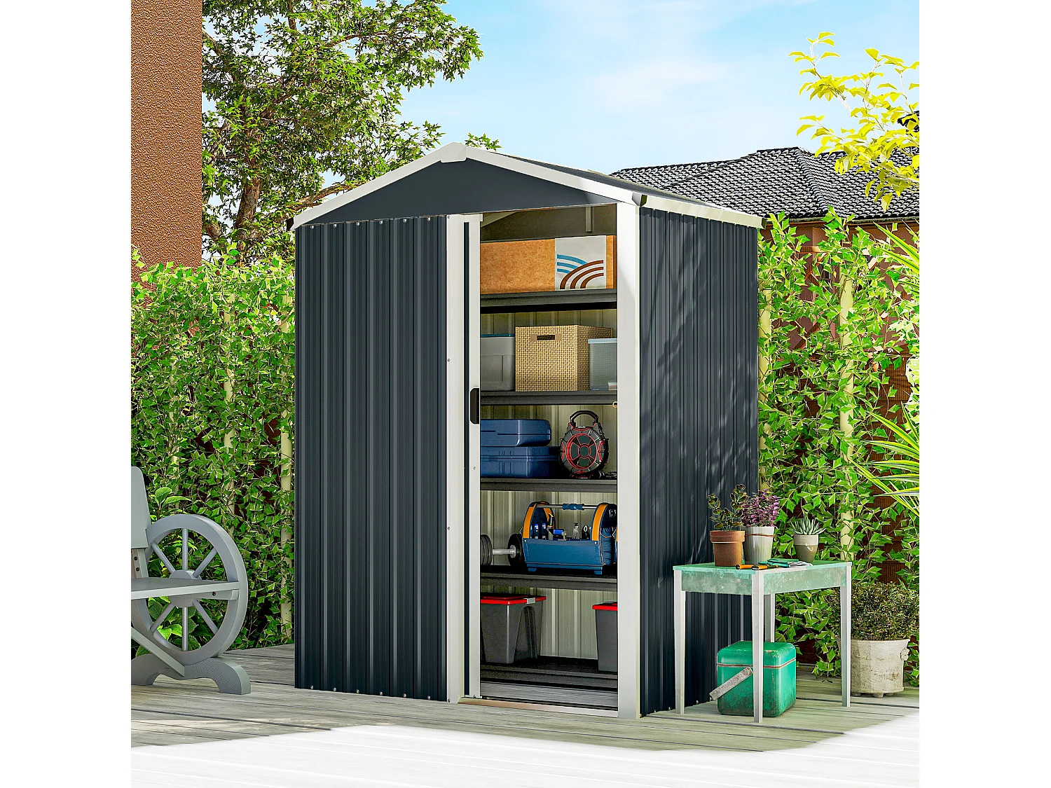 Casetta da giardino con porta scorrevole in acciaio grigio scuro