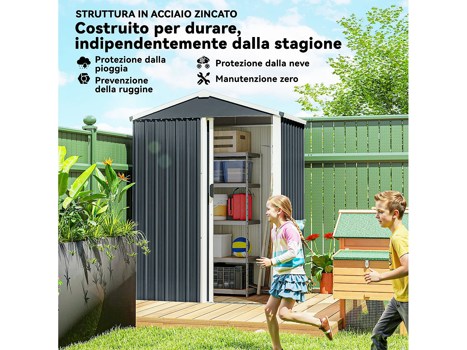 Casetta da giardino con porta scorrevole in acciaio grigio scuro