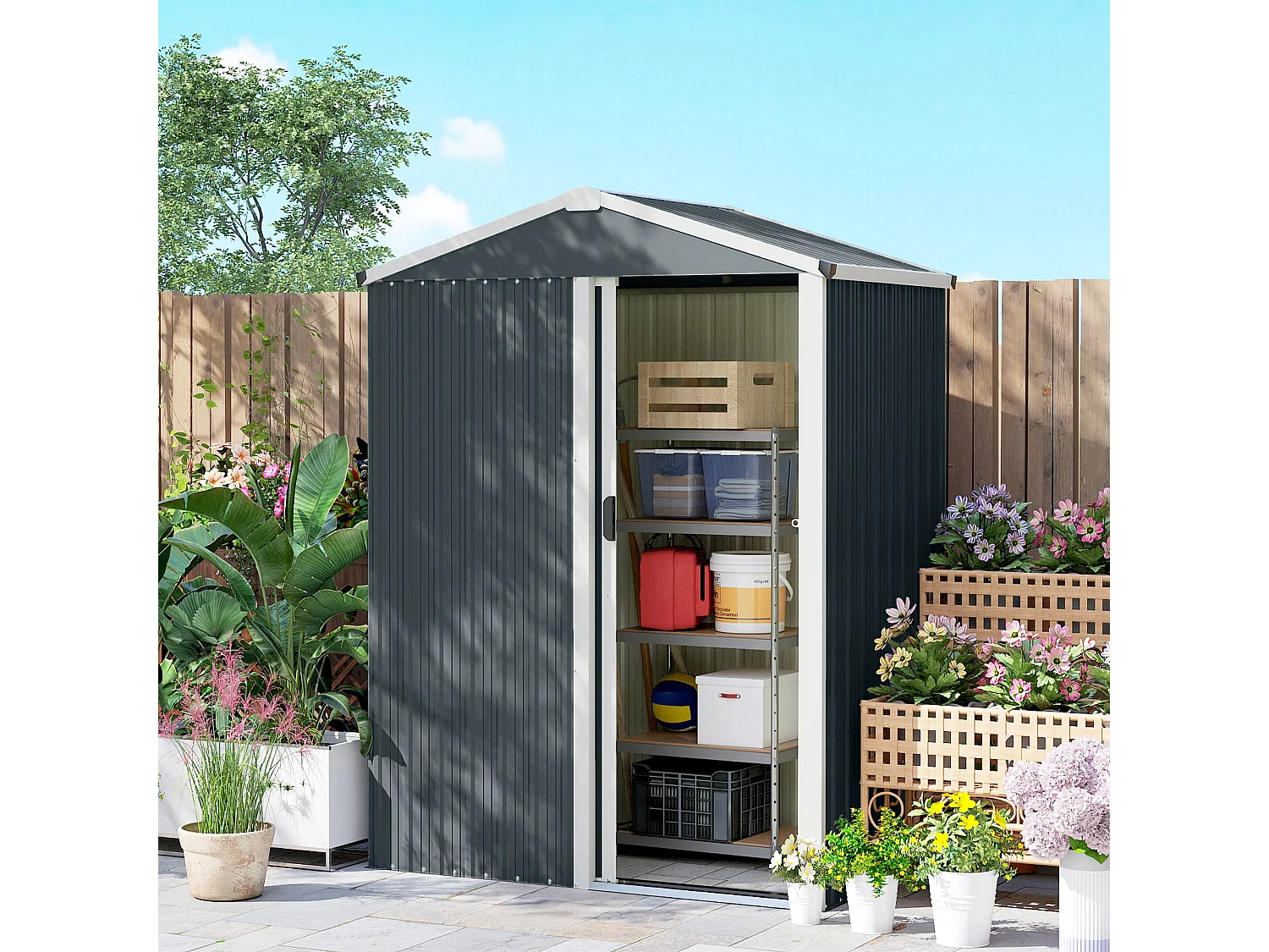 Casetta da giardino con porta scorrevole in acciaio grigio scuro