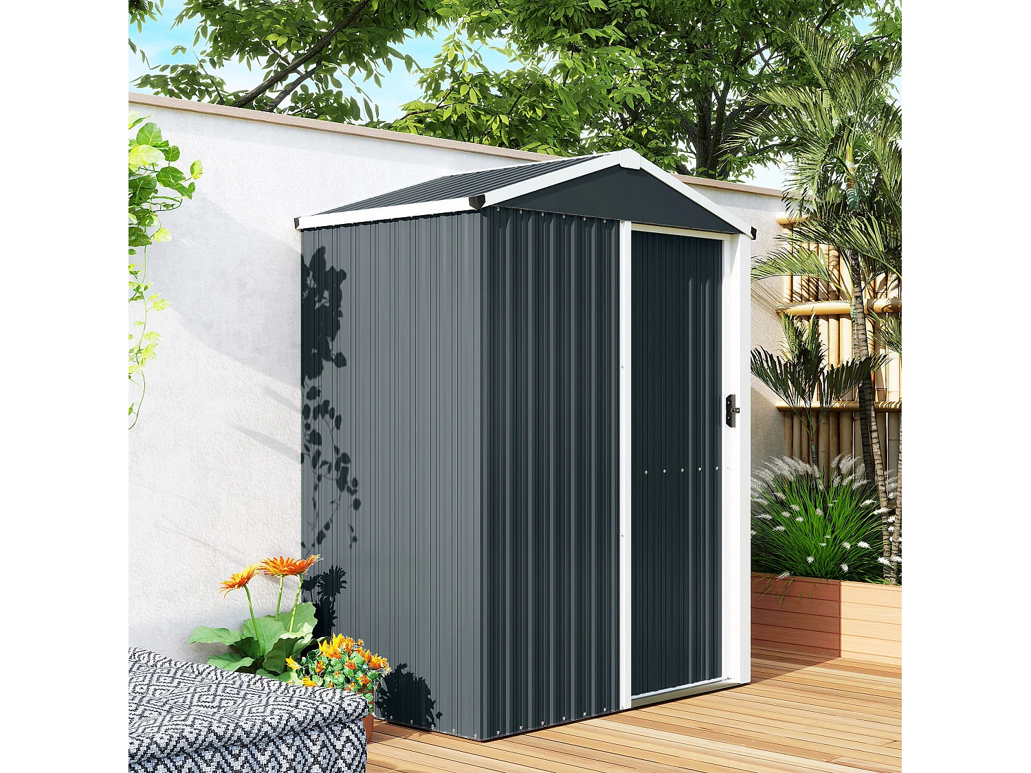 Casetta da giardino con porta scorrevole in acciaio grigio scuro