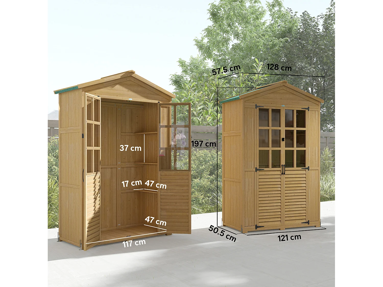 Armadio da giardino con finestre in legno di abete marrone chiaro