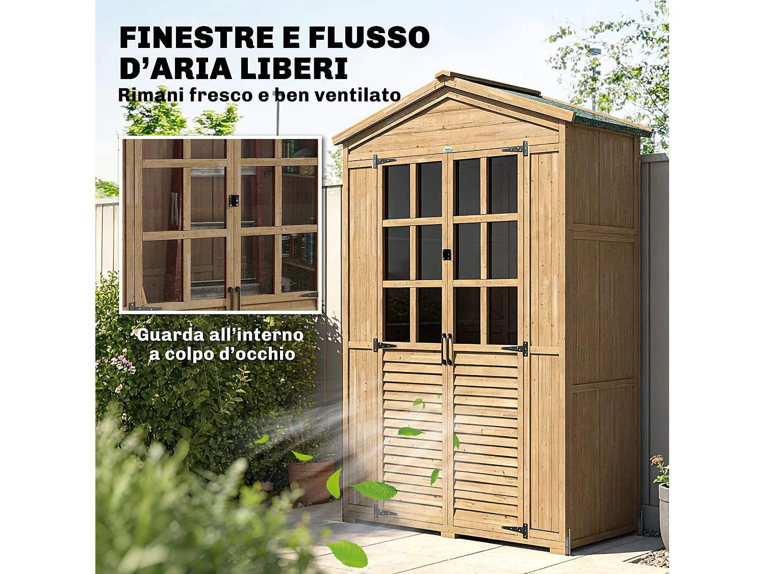 Armadio da giardino con finestre in legno di abete marrone chiaro