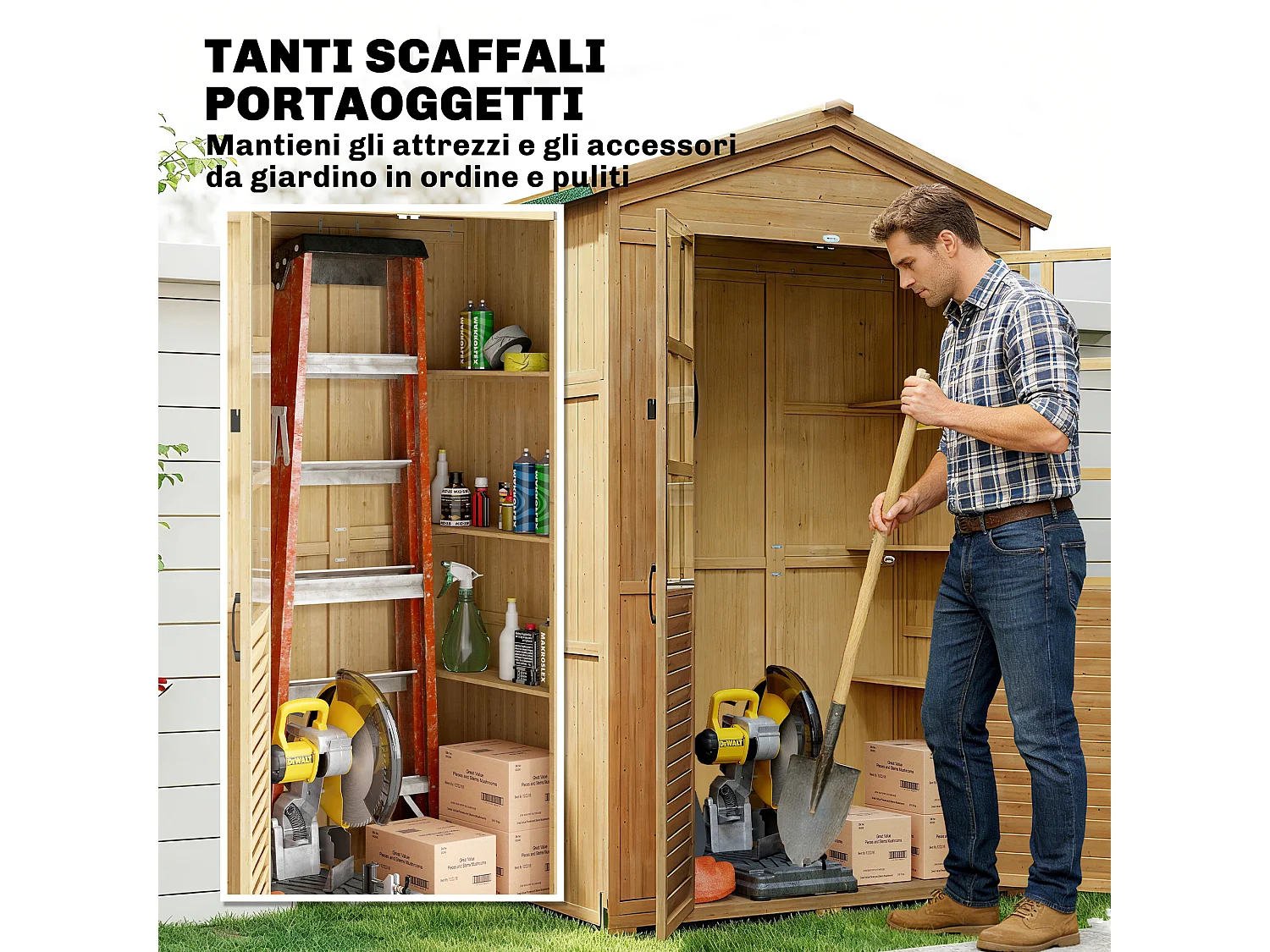 Armadio da giardino con finestre in legno di abete marrone chiaro