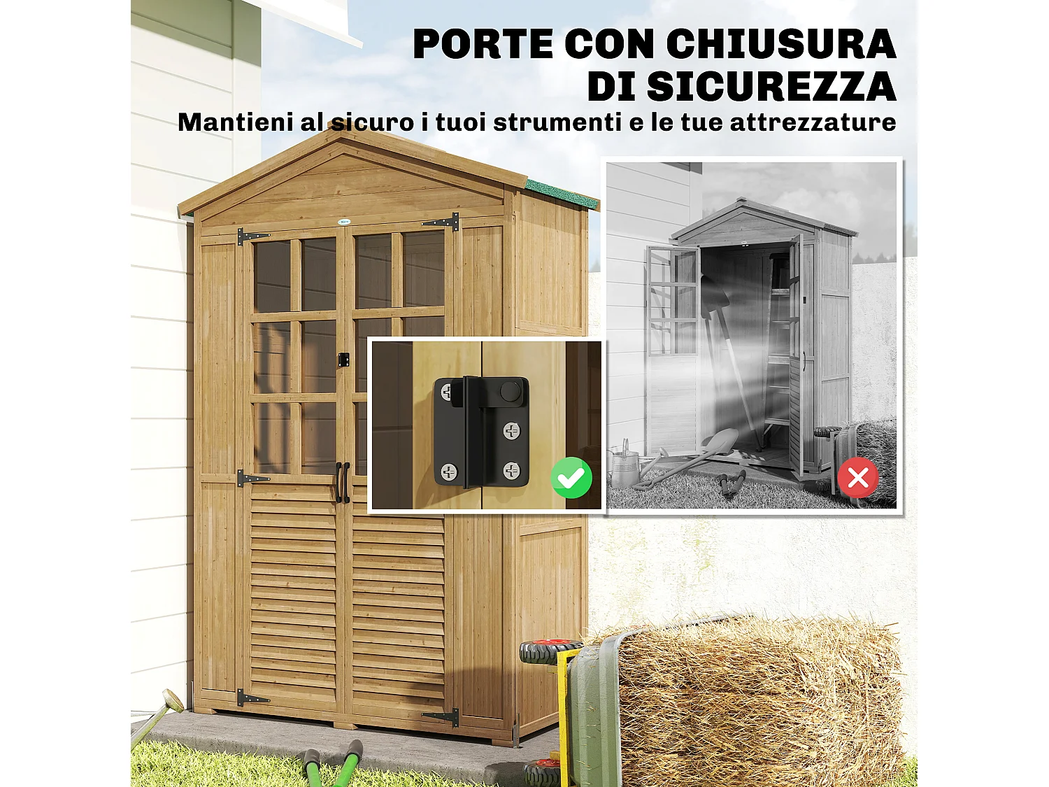 Armadio da giardino con finestre in legno di abete marrone chiaro