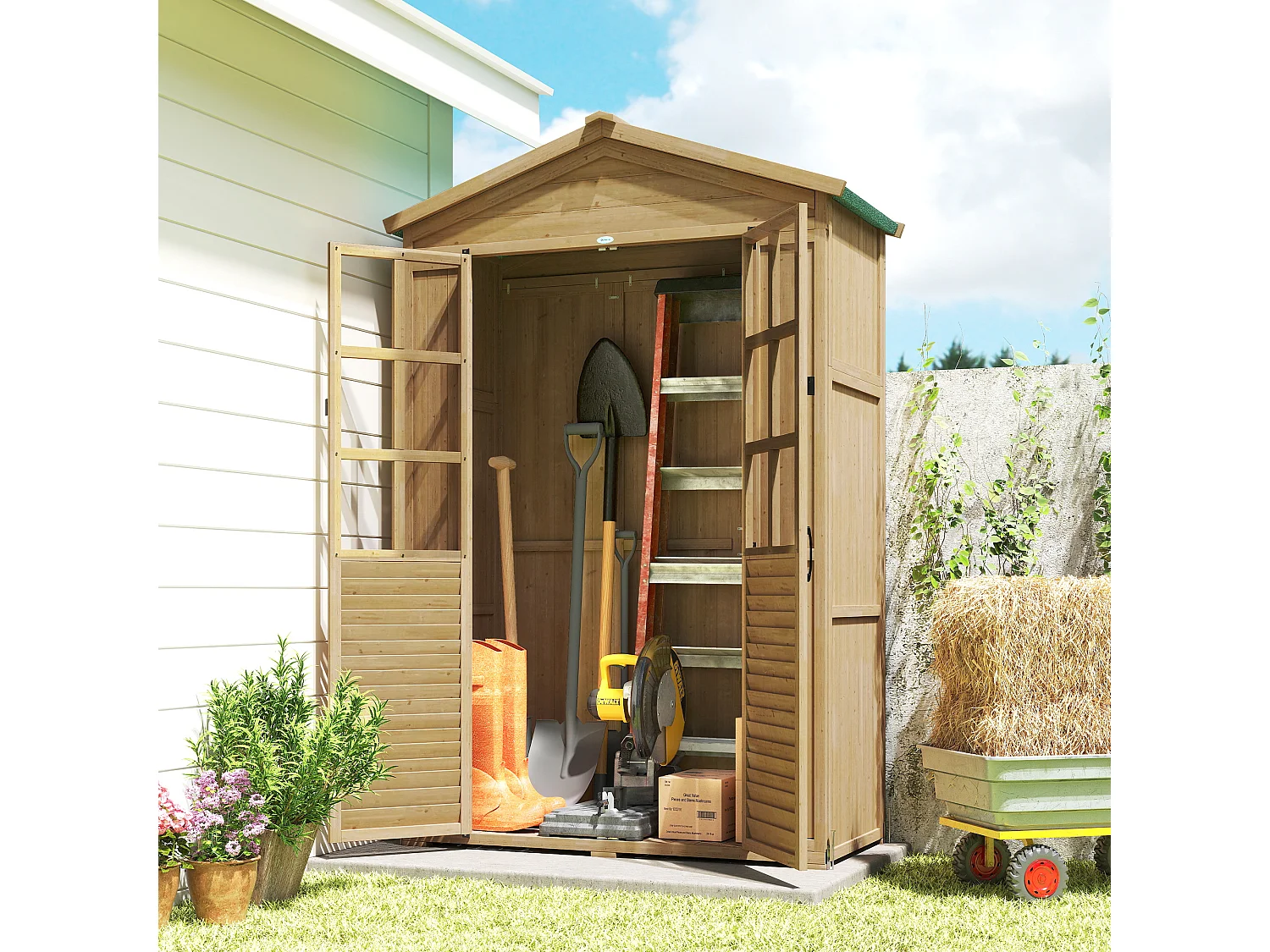 Armadio da giardino con finestre in legno di abete marrone chiaro