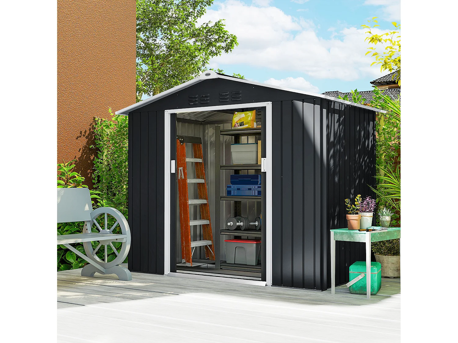 Casetta da giardino in metallo con porta scorrevole grigio scuro