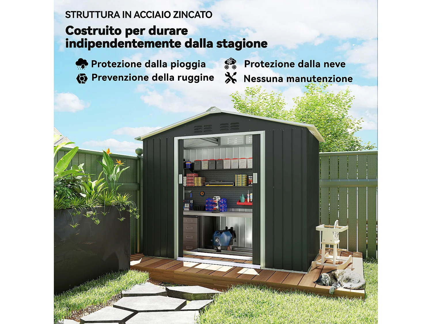 Casetta da giardino in metallo con porta scorrevole grigio scuro