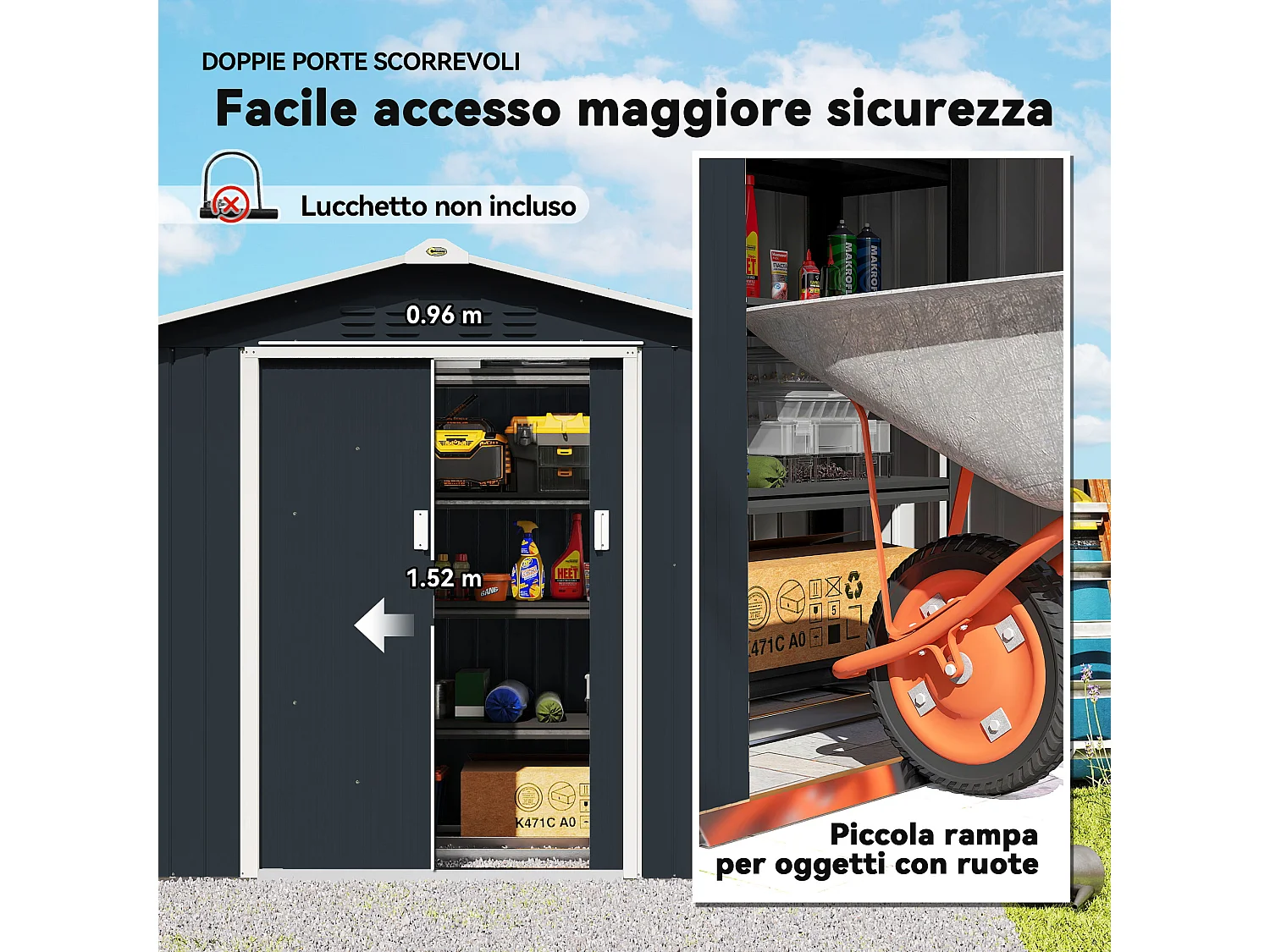 Casetta da giardino in metallo con porta scorrevole grigio scuro