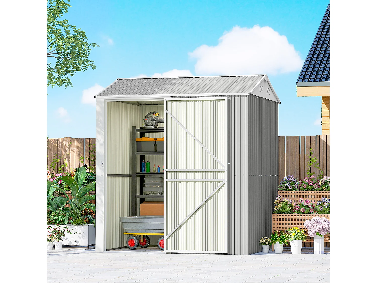 Casetta da giardino con porta bloccabile in acciaio grigio argento