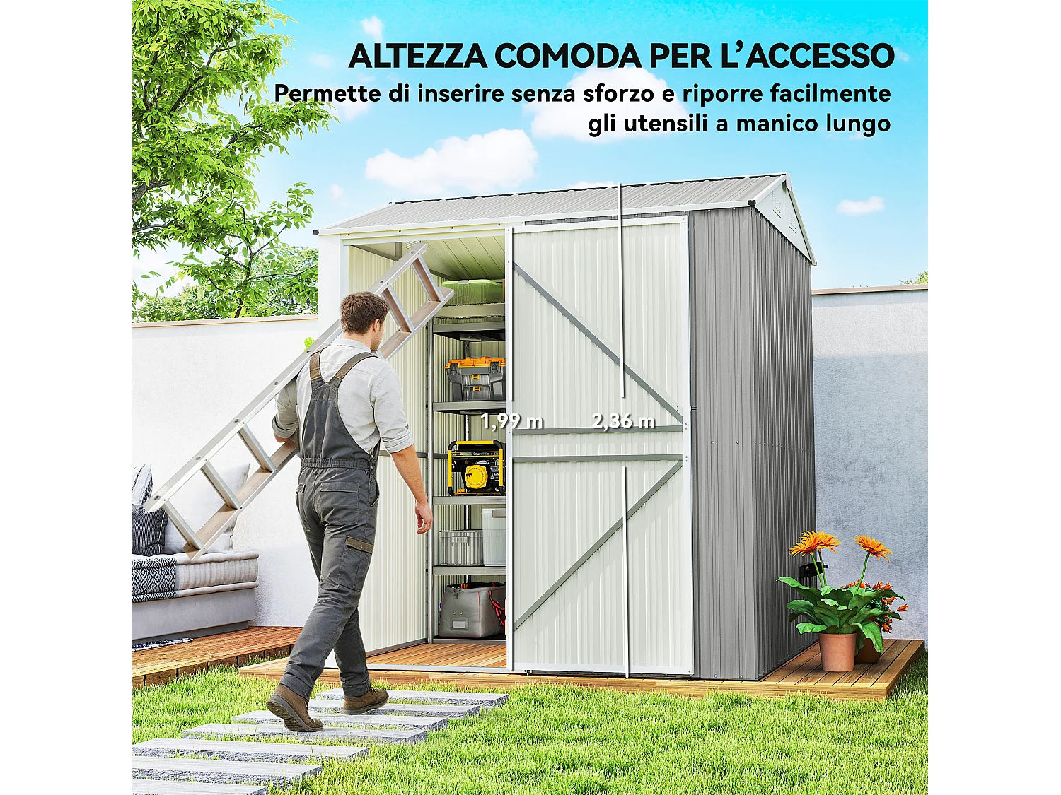 Casetta da giardino con porta bloccabile in acciaio grigio argento