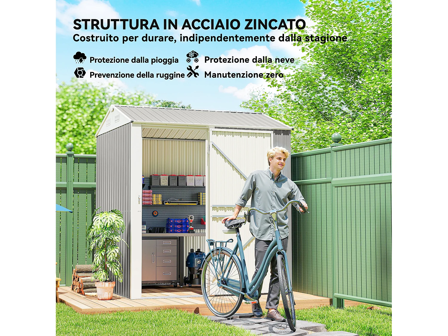 Casetta da giardino con porta bloccabile in acciaio grigio argento