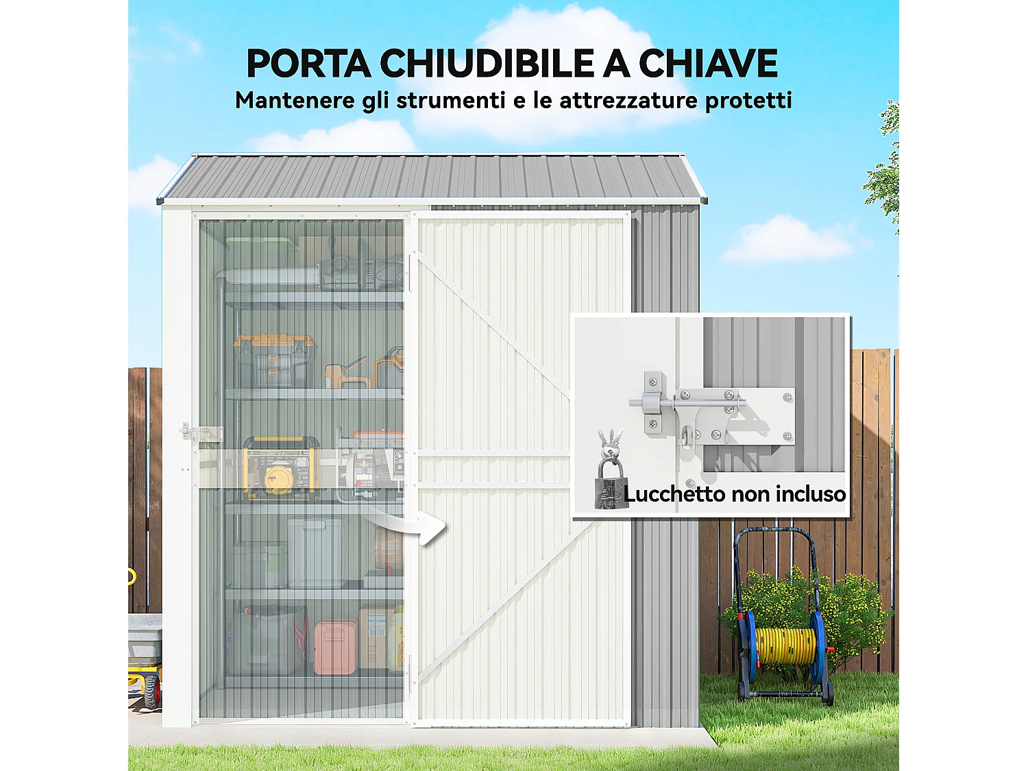 Casetta da giardino con porta bloccabile in acciaio grigio argento