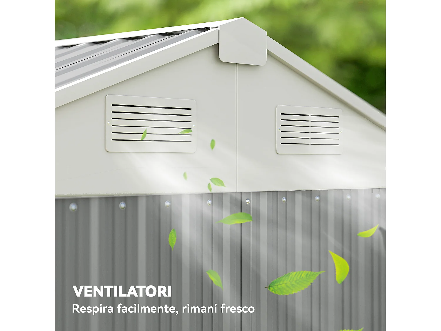 Casetta da giardino con porta bloccabile in acciaio grigio argento